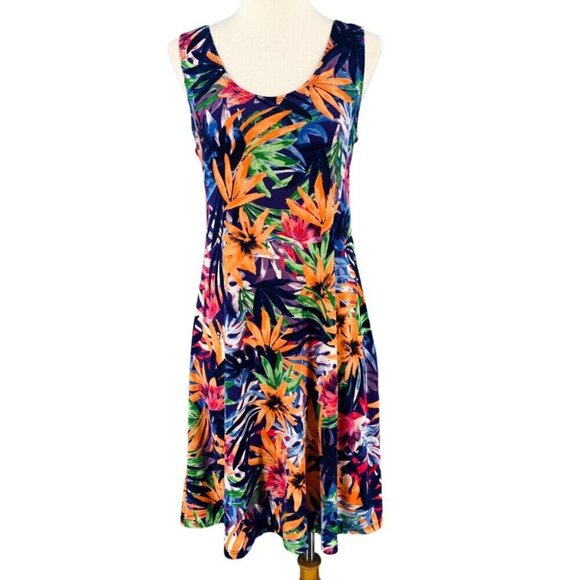 Gitane Dress Womens Medium Floral Purple Orange Vacation Stretchy Artsy Vintage - Picture 1 of 11